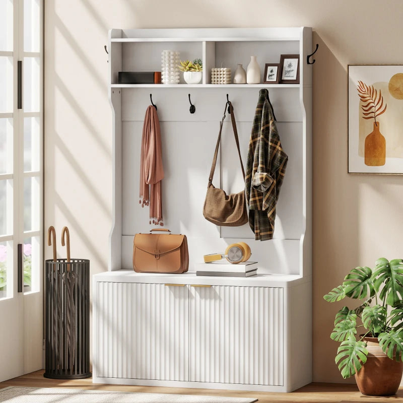 4-In-1 Hall Tree with Shoe Bench, Modern Coat Rack with Open Shelf for Hallway, Entryway, Bedroom, Living Room, White