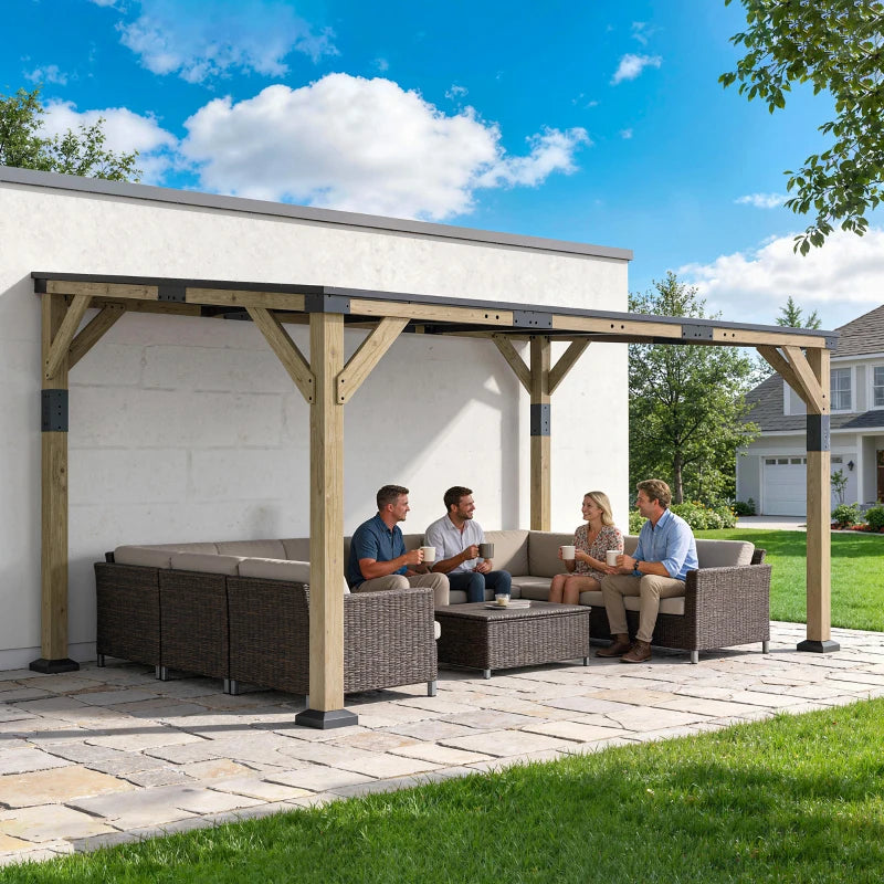 14' x 10' Gazebo, Lean to Galvanized Steel Hardtop Gazebo Pergola with Wood Frame, Patio Gazebo Awning, Dark Grey