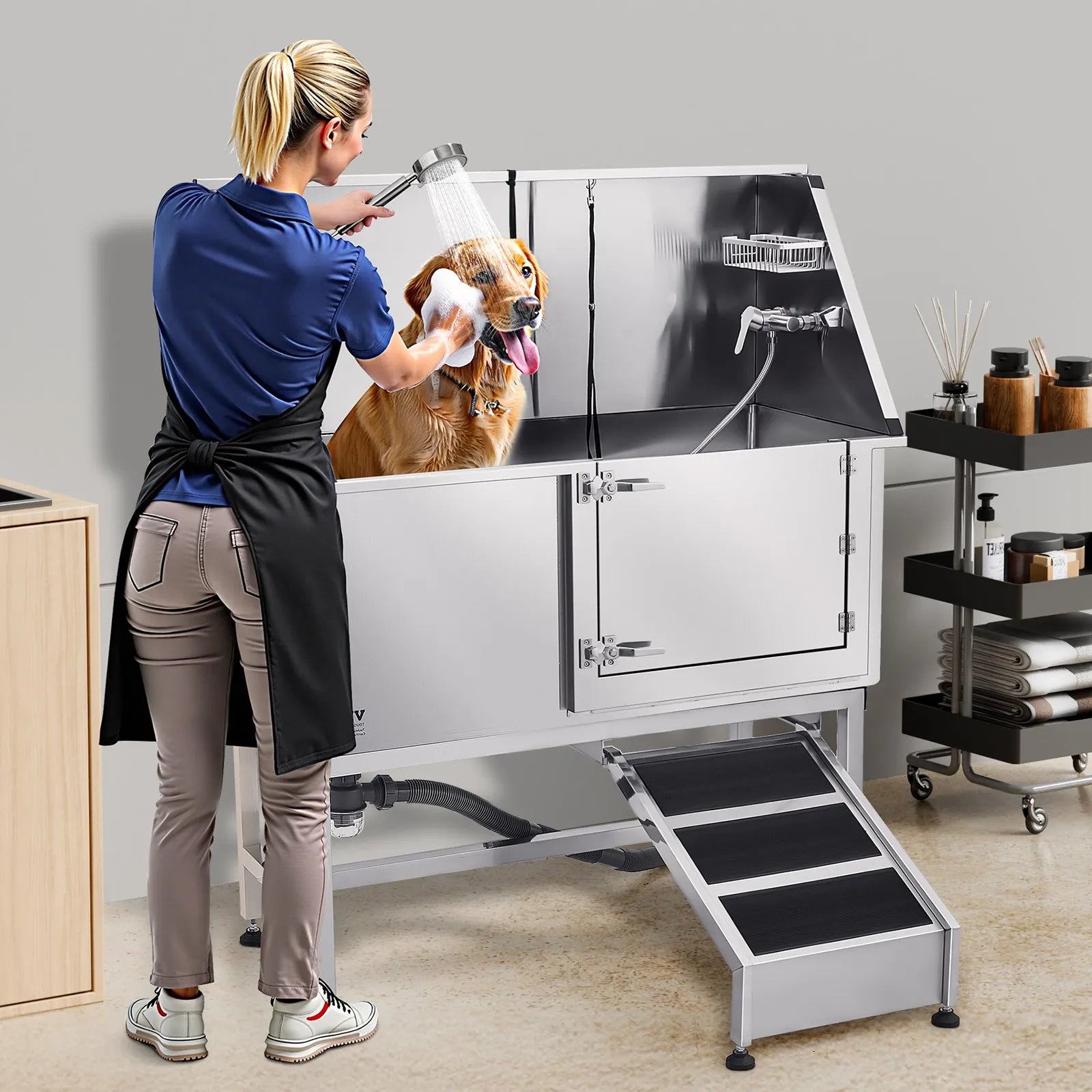 VEVOR 62 Inch Dog Grooming Bath Tub Stainless Steel w Ramp Water Filter