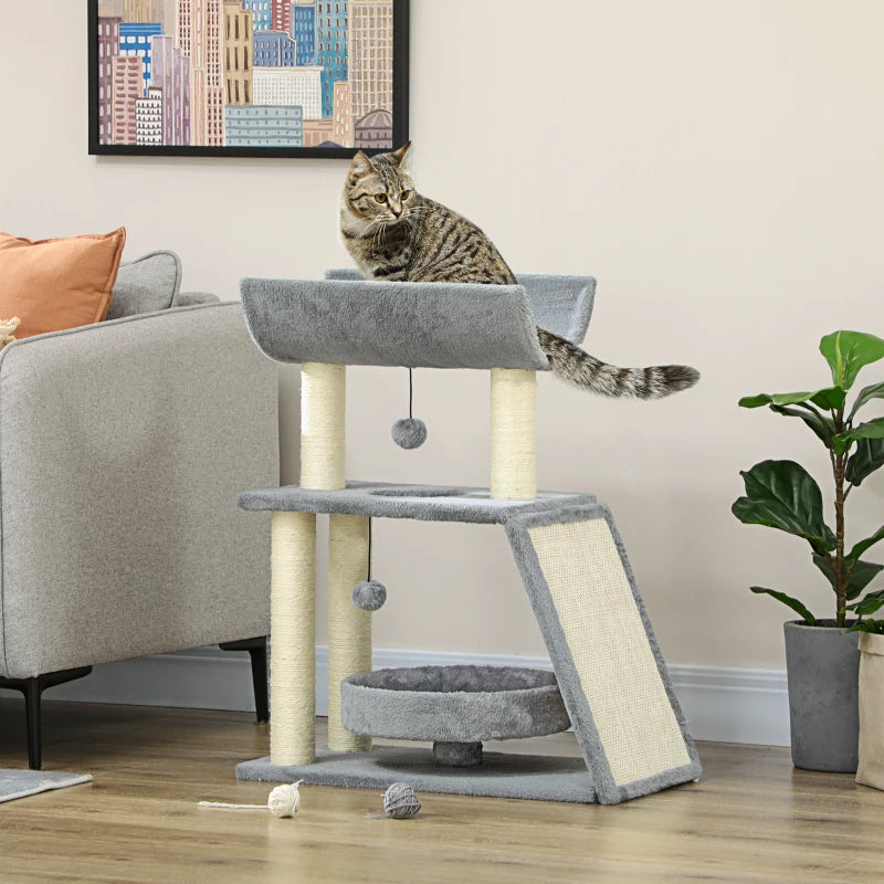 Small Cat Tree with Perch, Scratching Posts, Pad, Bed, Toy Balls, Light Grey