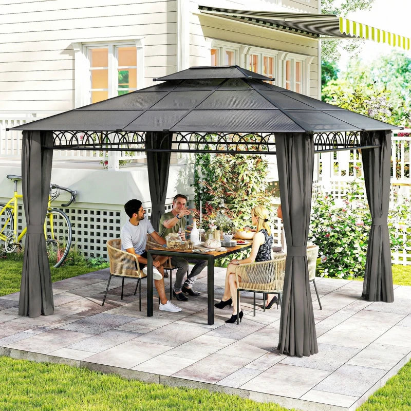 10' x 12' Outdoor Gazebo Canopy, Double Roof Hardtop Gazebo with Polycarbonate Roof, Steel Frame, Nettings and Curtains