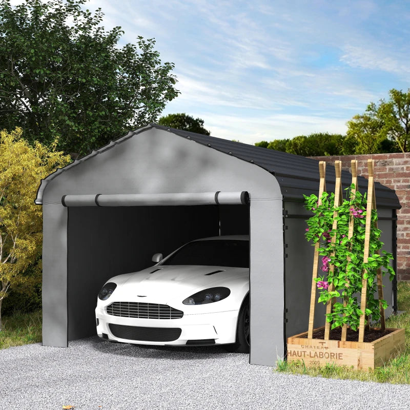 10' x 15' Metal Carport, Heavy Duty Garage Car Shelter with Galvanized Metal Roof and Removable Sidewalls, Light Grey