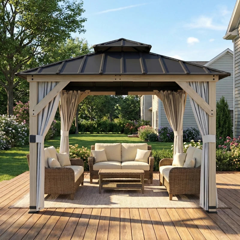 10' x 10' Outdoor Hardtop Gazebo with Double Steel Roof, Wood Patio Gazebo with Curtains, Hook, Light Grey