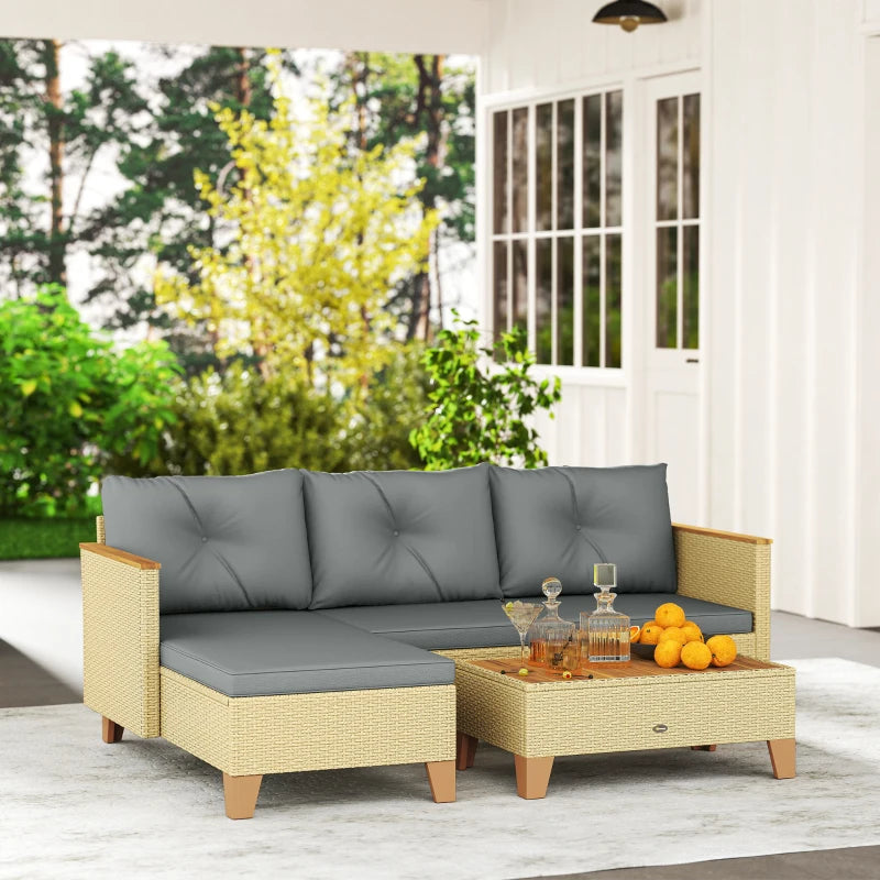 3 Piece Patio Furniture Set, L-Shaped Outdoor Furniture Conversation Set with Wood Top Coffee Table, Light Grey