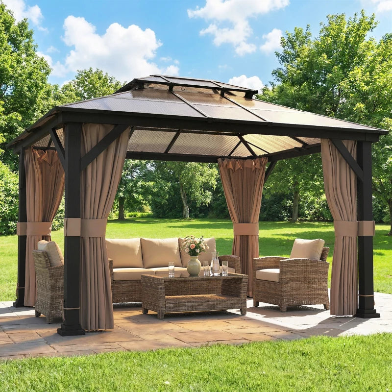 10' x 12' Hardtop Gazebo Canopy with Double PC Roof, Steel Permanent Outdoor Gazebo with Curtains and Netting, Khaki