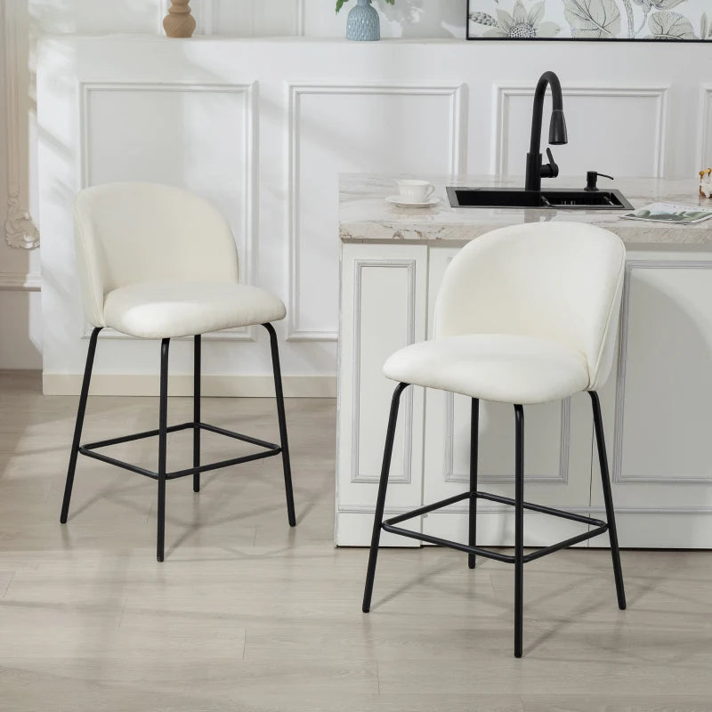 Set of 2 Counter Height Barstools, Upholstered Linen Bar Stools with Backrest, Footrest and Steel Legs, Cream White