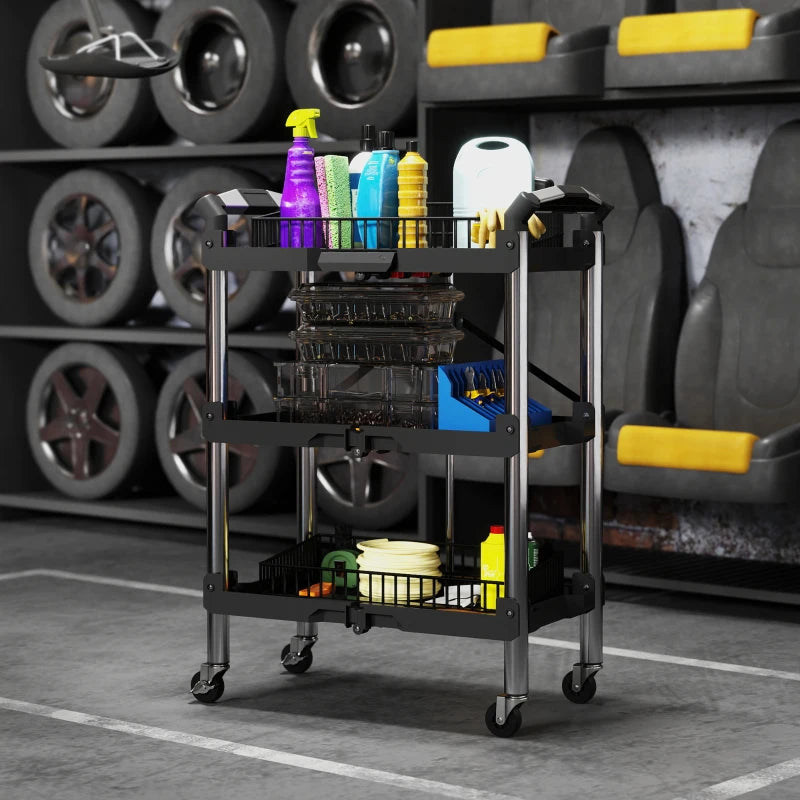 3-Tier Collapsible Tool Cart with Wheels, 150 LBS Capacity Folding Utility Cart with Handles for Garage Workshop, Black