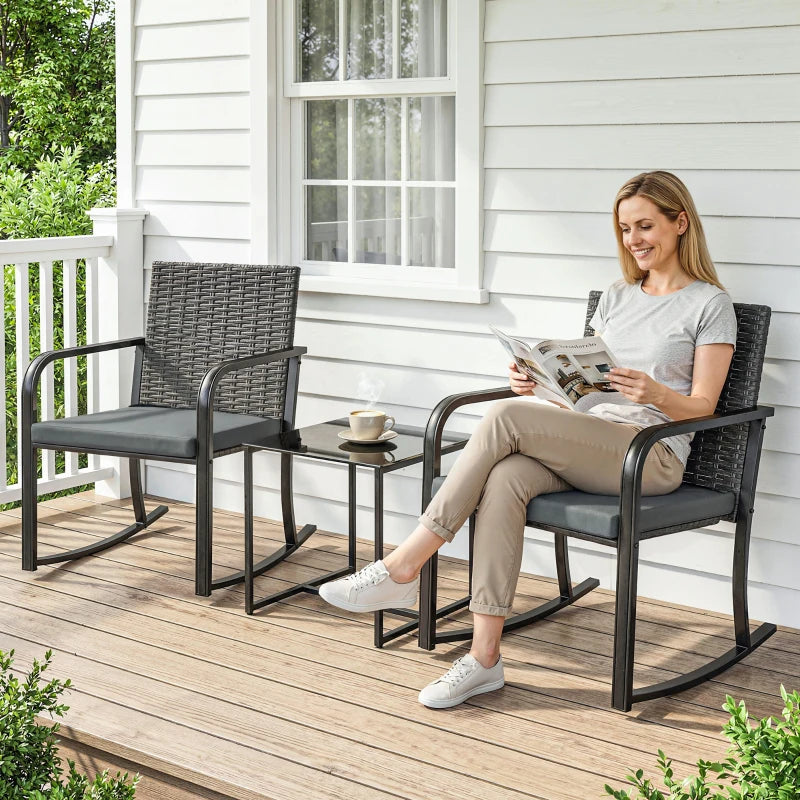 3 Pieces Rocking Bistro Set Outdoor Patio Furniture Set with Cushions, Glass Coffee Table for Balcony, Grey