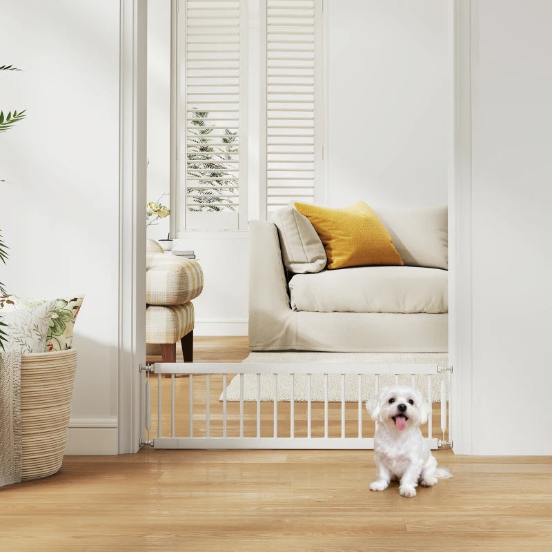 26"-37" Dog Gate, Adjustable Pet Gate, Fits 10" Tall with 2 Extension, Pressure Mount Kit for Stairs and Doorways, White