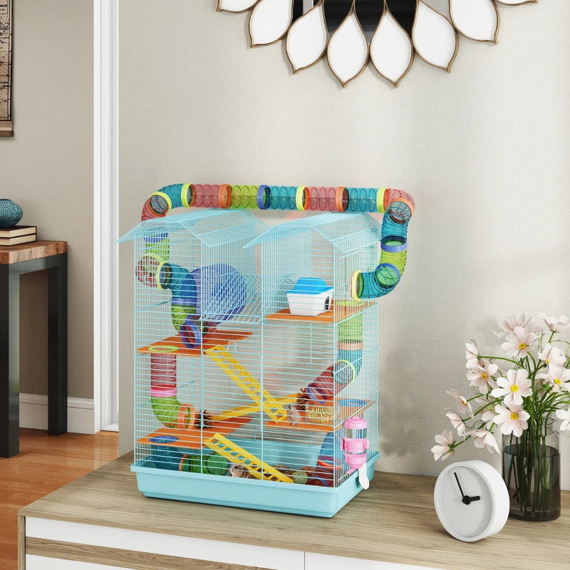 18.5" Hamster Cage, 5 Tiers Small Animal House with Tunnel Tube System, Exercise Wheel, Water Bottle, Light Blue