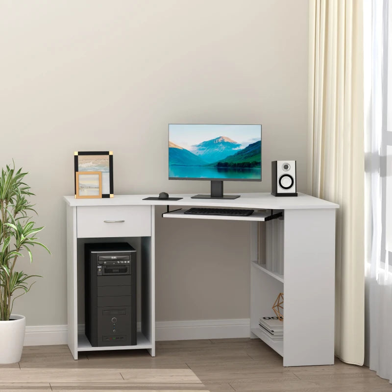 47" L-Shaped Desk with Keyboard Tray, Computer Corner Desk for Small Space with Shelves, Drawer, CPU Stand, Home Office Writing Table, White