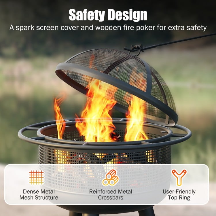 24 Inch Wood Burning Fire Pit with Log Grate and  Mesh Screen for Outside