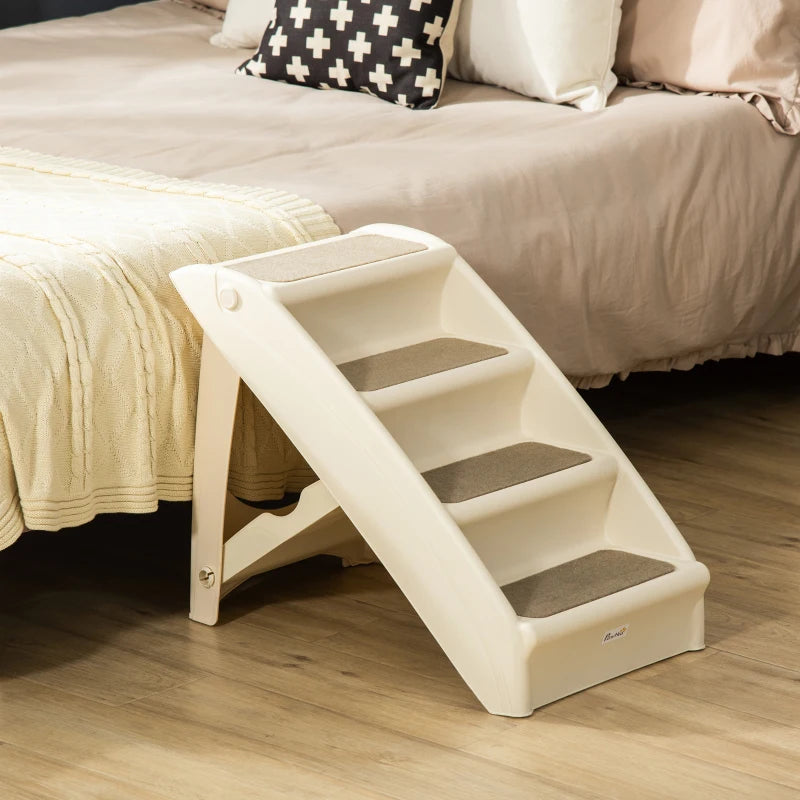4-Level Portable Dog Stairs, Foldable Dog Steps for Small Dogs, Lightweight Cat Steps, with Nonslip Soft Mats, for High Bed, Sofa, Beige