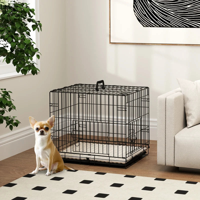 24" Dog Crate with 2 Doors, Folding Metal Dog Cage with Soft Cushion, Removable Tray, Handle for Extra Small Dogs, Black