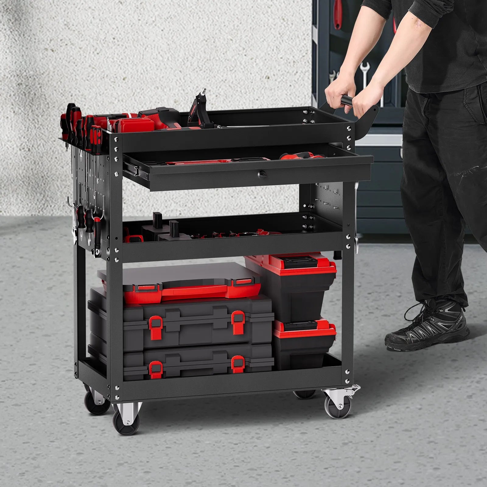 VEVOR 4-Tier Tool Cart on Wheels 350 lb Rolling Work Cart with Drawer & Pegboard