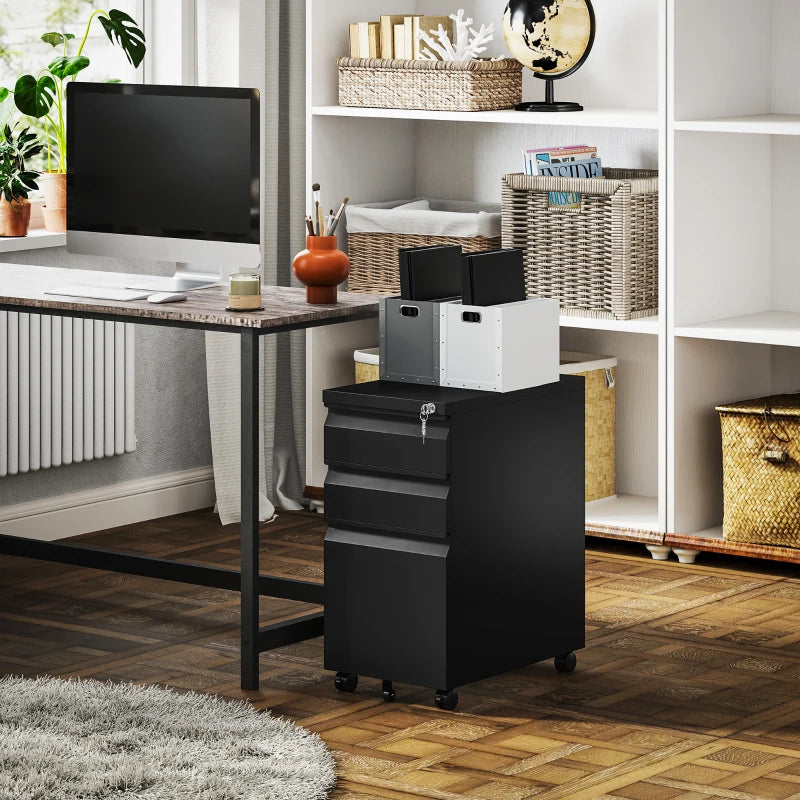 3 Drawer Filing Cabinet with Lock, Steel Office Storage Cabinet with Hanging Bar for A4, Legal, Letter Files, Black