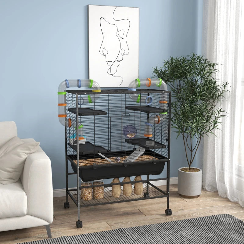 43" Rolling Hamster Cage with Tunnel Tube System, Storage Shelf, Exercise Wheel, Food Dish, Water Bottle, Ramp