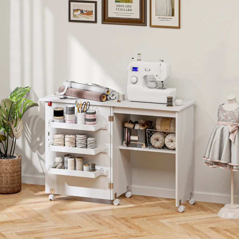 Sewing Machine Cabinet, Folding Sewing Table with Storage Shelf, Bins and Lockable Wheels for Small Space, White