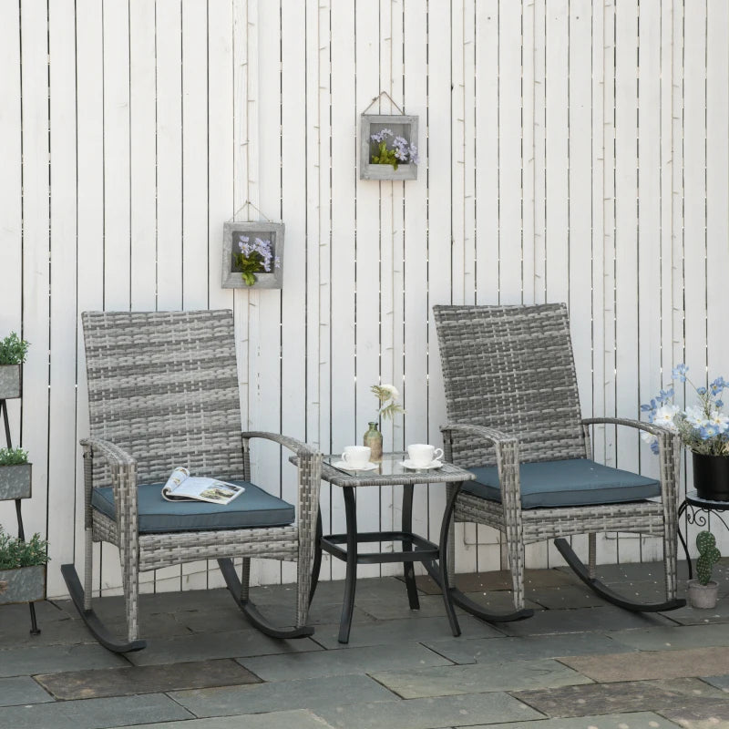 3 Pieces Patio Wicker Rocking Chair Set,  Outdoor PE Rattan Bistro Set Conversation Rocker Set with 2 Chairs 1 Coffee Table for Backyard, Deck, Poolside, Grey