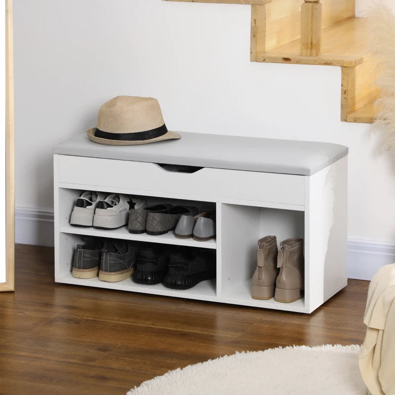 Shoe Bench Entryway Storage Rack with Padded Cushion, Hidden Storage for Hallway, Living Room, White