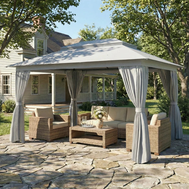 10' x 13' Patio Gazebo, UPF50+ Double Roof Outdoor Gazebo Canopy with Netting and Curtains, Steel Frame, Dark Grey