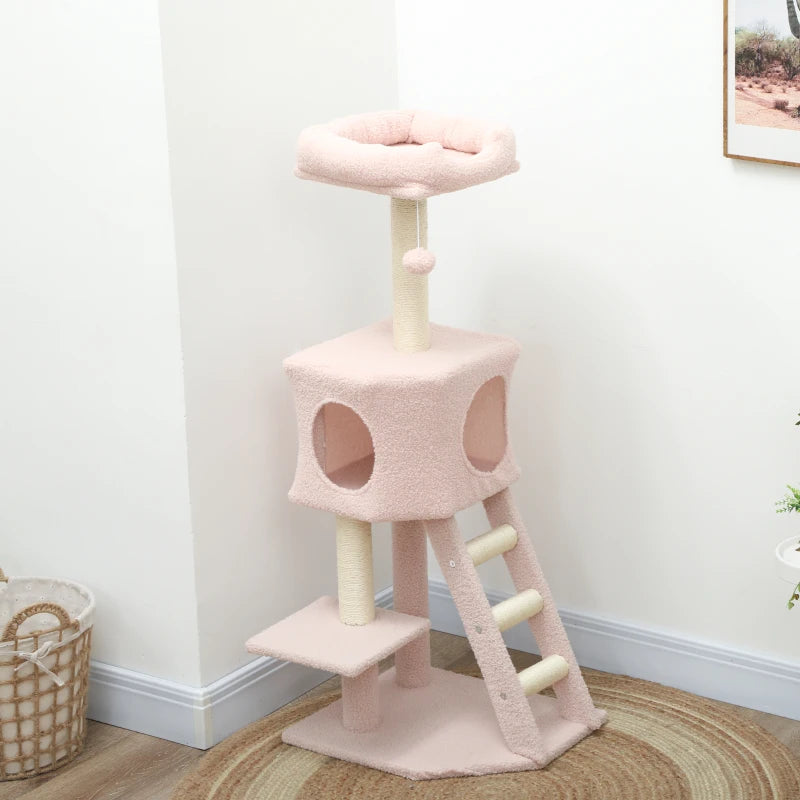 47" Tall Cat Tree Tower with Condo, Ladder, Scratching Posts and Hanging Ball, Pink