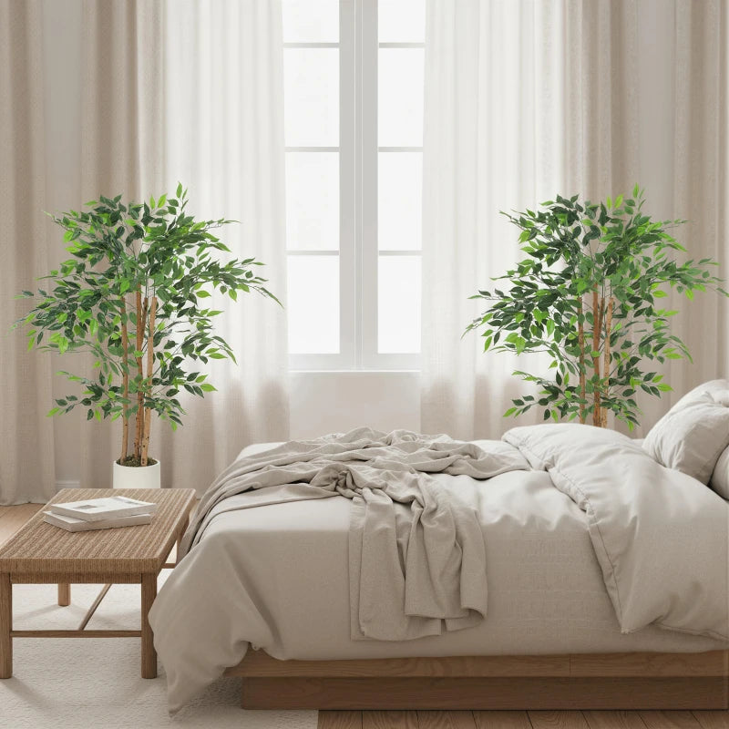 4FT Artificial Banyan Tree Set of 2, Fake Potted Tree with Solid Wood Trunk and Pot for Indoor