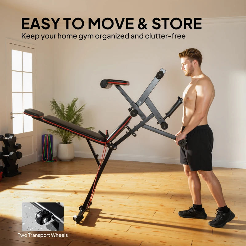 Soozier Adjustable Weight Bench with Wheels, Load 660LBS Workout Bench with Leg Extension, Preacher Curl and Resistance Bands