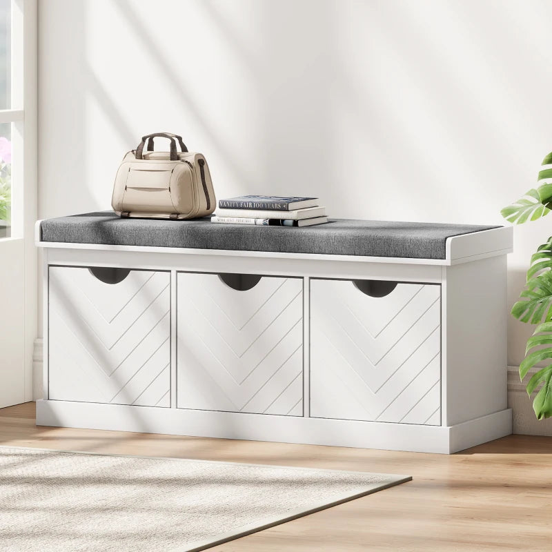 Shoe Storage Bench, Linen-Look Entryway Bench with 3 Removable Drawers and Padded Seat Cushion for Hallway, White