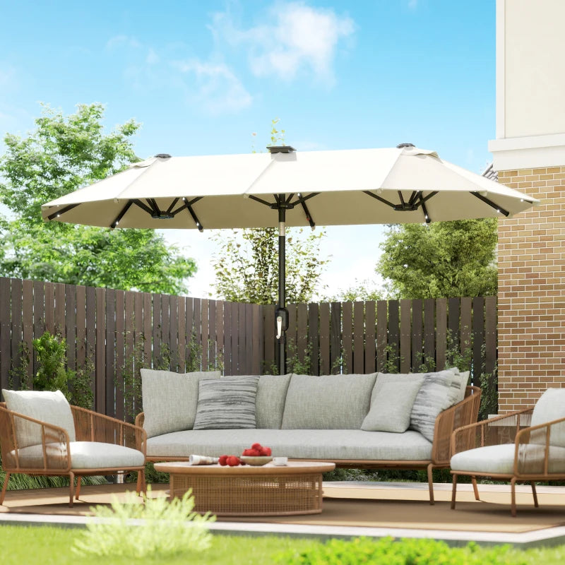 10ft Double-Sided Patio Umbrella with 35 LED Lights, 12 ribs, Extra Large Outdoor Parasol with Twin Canopy, Beige
