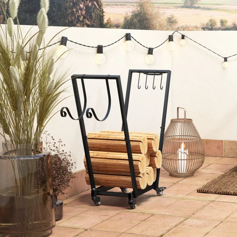 31 Inch Firewood Rack Outdoor, Heavy Duty Log Rack with Swivel Casters, Indoor Fire Wood Holders for Fireplace, Black