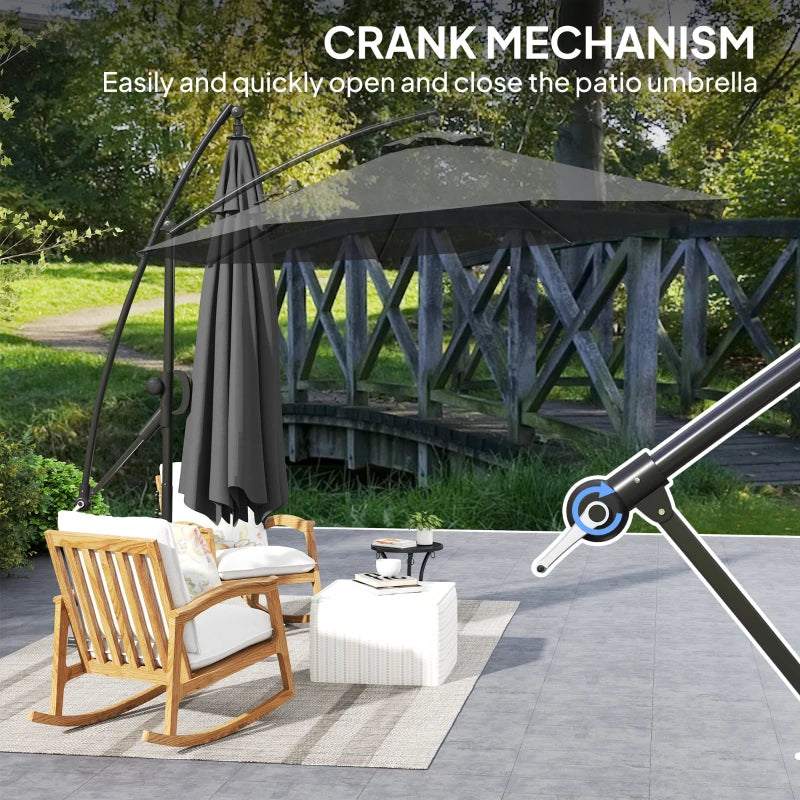 118.1" Patio Offset Umbrella with Cover and Wind Protection Strap,with Crank Handle and Tilt, UPF50+, Grey
