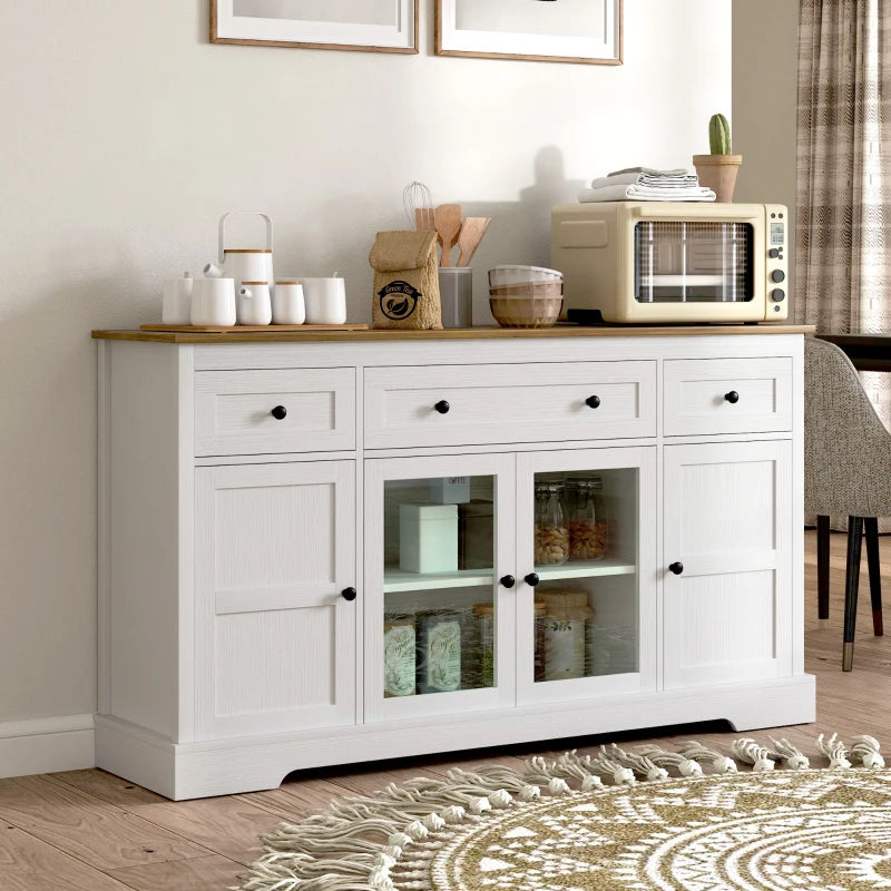 Sideboard Buffet Cabinet with Storage, Coffee Bar Cabinet with Glass Doors and Adjustable Shelves, Distressed White