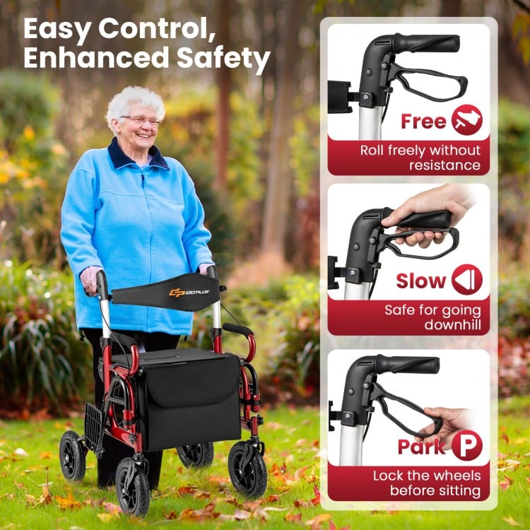 2-in-1 Foldable Rollator Walker with Seat abd 9 Inch Pneumatic Tires for Seniors-Red