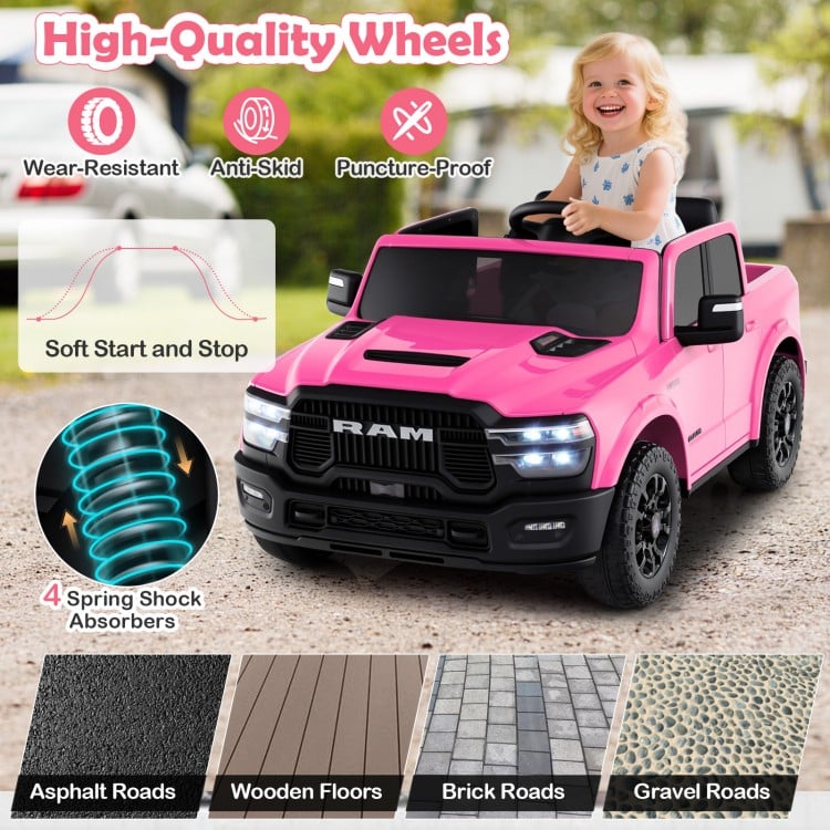 2 Seater 24V Ride on Toy for Big Kids Licensed Ram Truck with Remote and Music-Pink