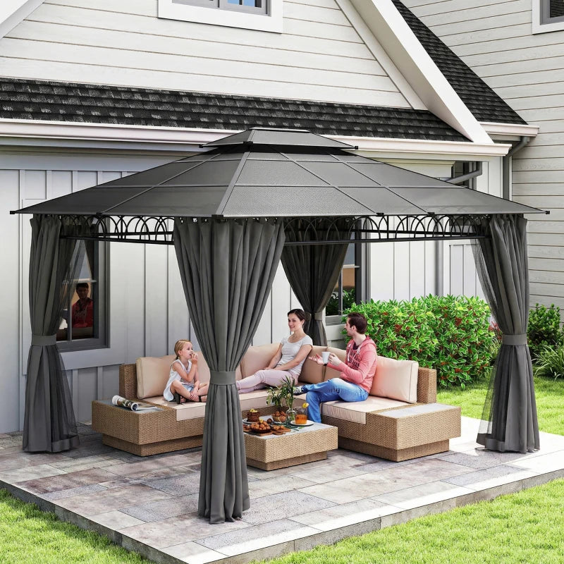 10' x 12' Outdoor Gazebo Canopy, Double Roof Hardtop Gazebo with Polycarbonate Roof, Steel Frame, Nettings and Curtains