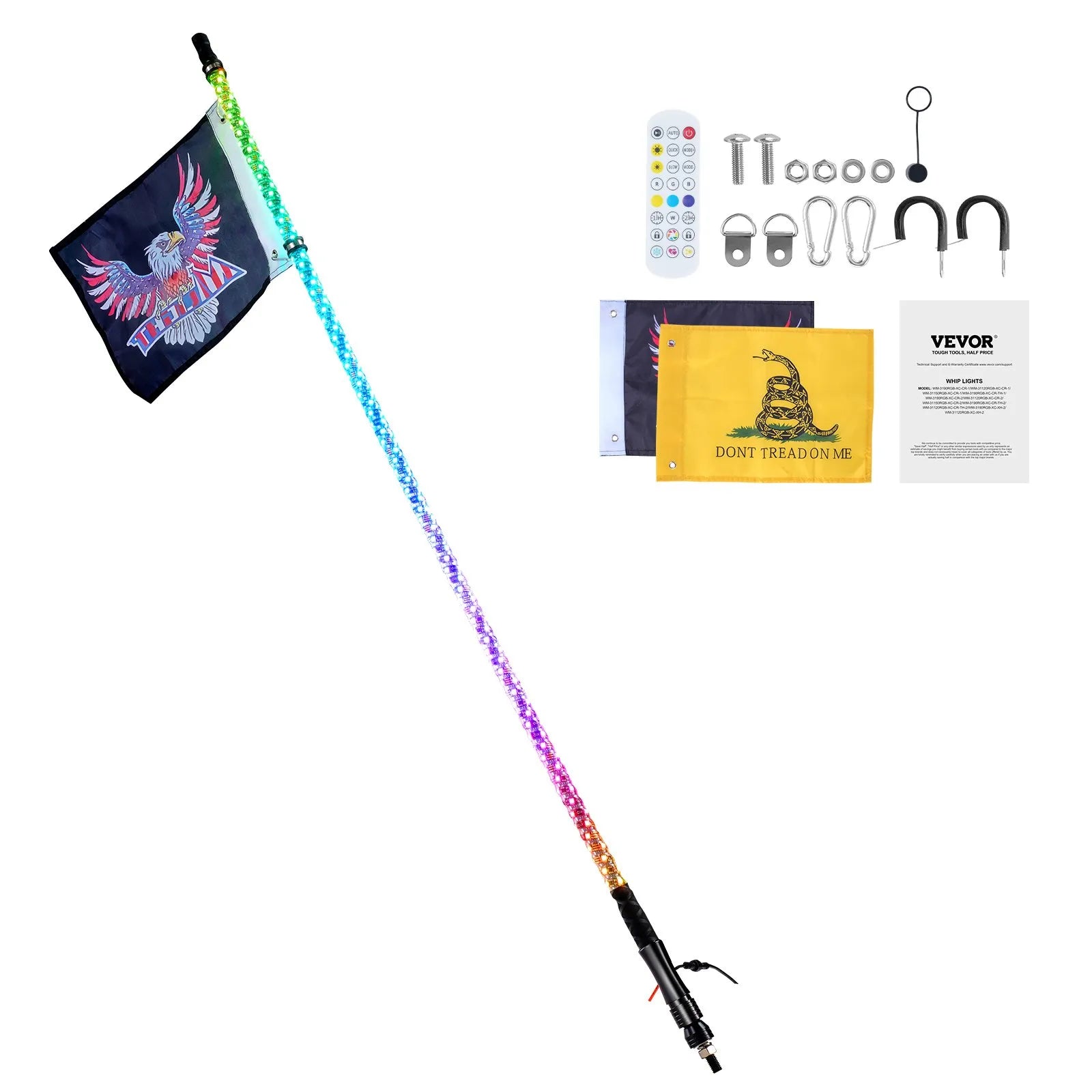 VEVOR 1 PC 3 FT Whip Light, APP & RF Remote Control Led Whip Light, Waterproof 360°Spiral RGB Chasing Lighted Whips with 2 Flags, for UTVs, ATVs, Motorcycles, RZR, Can-am, Trucks, Off-road, Go-karts