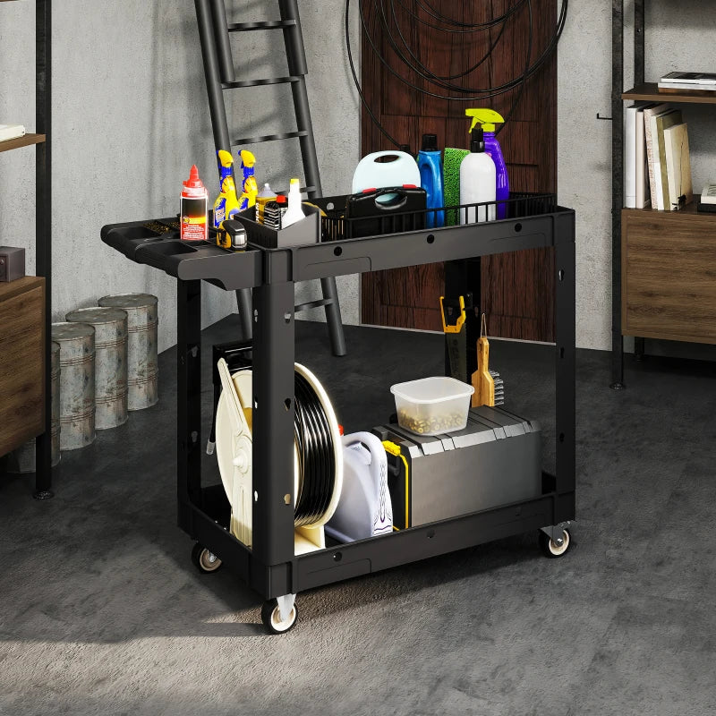 2-Tier Rolling Tool Cart with Wheels, 500 LBS Capacity Utility Cart with Handle, Mobile Service Tool Organizer, Black
