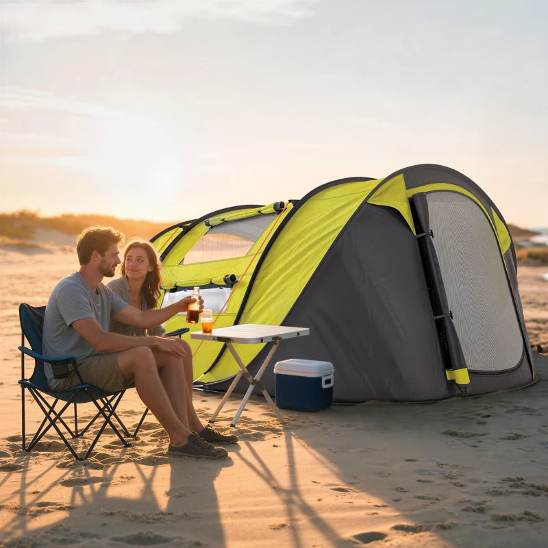 4 Person Camping Tent, Easy Pop Up Tent with Doors, Windows and Carry Bag, Automatic Setup Tent for Hiking, Yellow