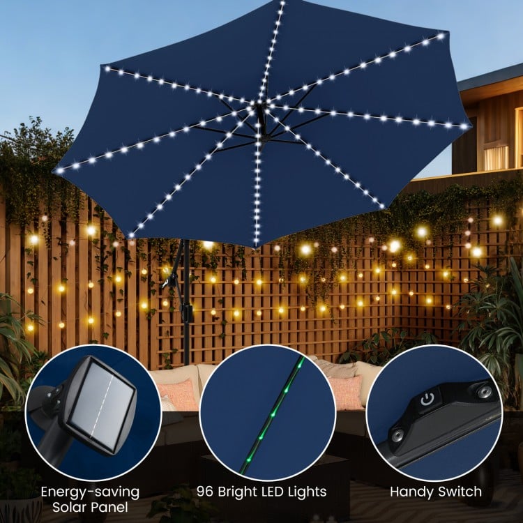 10 Feet Solar Offset Hanging Umbrella with Base and LED Lights-Navy