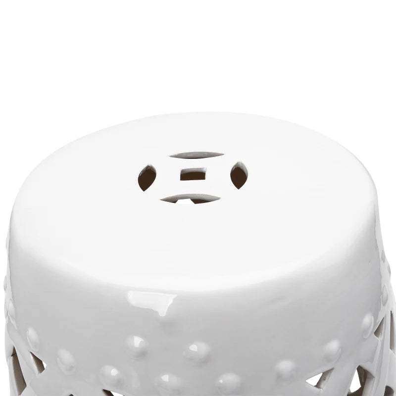 18" Ceramic Garden Stool with Woven Lattice Design, Indoor & Outdoor Decorative Accent Stool, White
