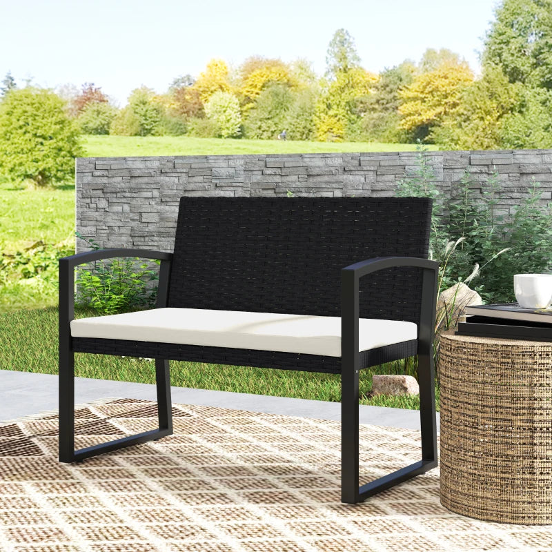2 Seater Outdoor Bench, Rattan Garden Bench Loveseat with Cushion, Armrests, Steel Frame for Patio, Porch, Beige