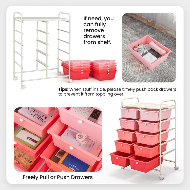 10-Drawer Rolling Storage Cart-Gradient Pink