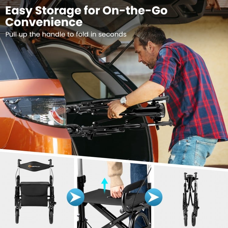 2-in-1 Foldable Rollator Walker with Seat abd 9 Inch Pneumatic Tires for Seniors-Black