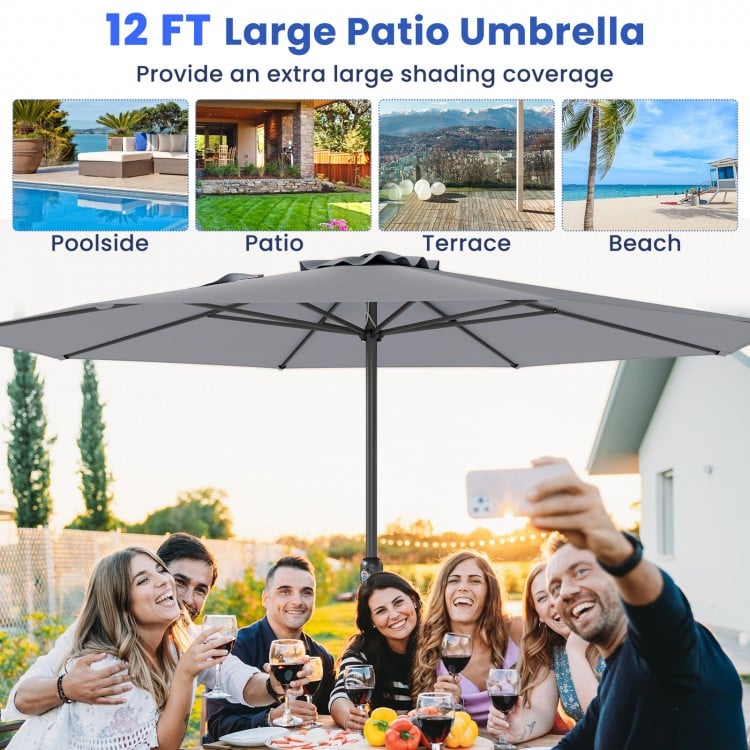 12 Feet Patio Umbrella with Crank Handle and 8 Sturdy Ribs-Gray