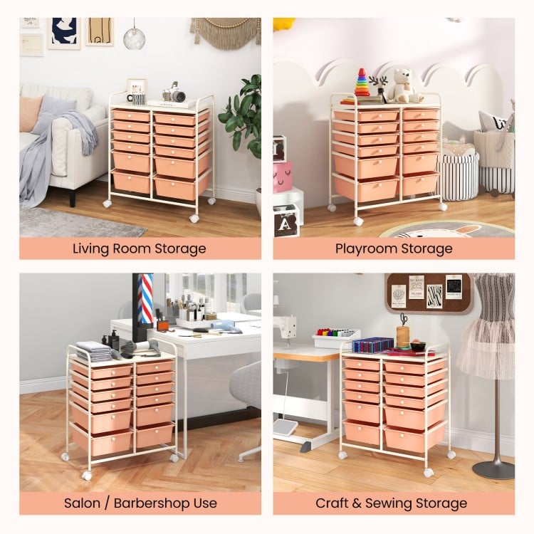 12-Drawer Rolling Storage Cart with Removable Drawers and Lockable Wheels-Peach