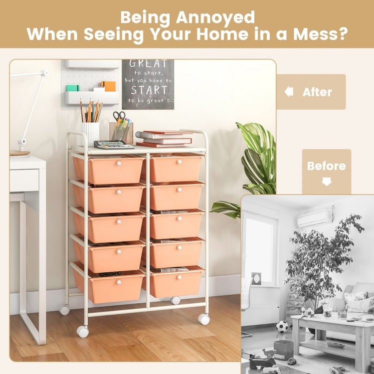 10-Drawer Rolling Storage Cart-Peach