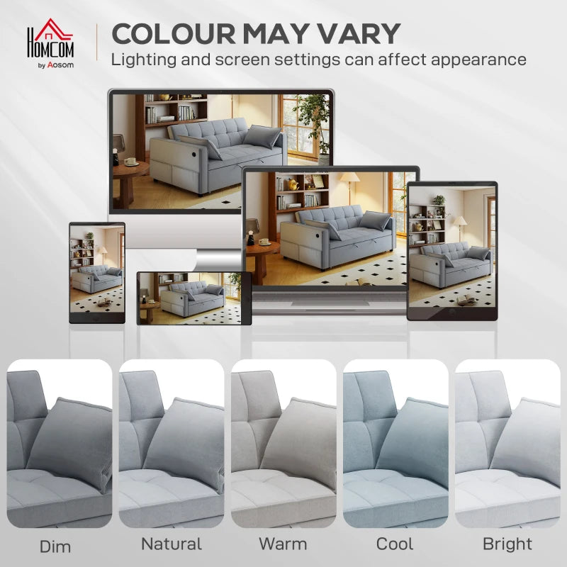 3‑in‑1 Convertible Sofa Bed, Pull Out Sleeper Sofa with USB Charging, Adjustable Backrest, Side Pockets, Light Grey