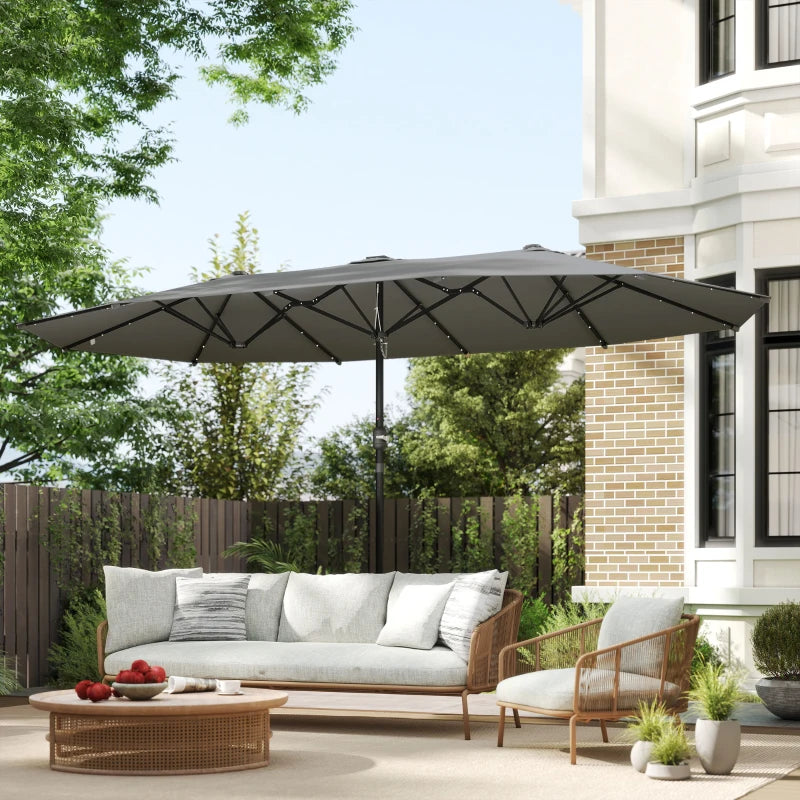 173" Double-Sided Sun Umbrella Garden Parasol Patio Sun Shade Outdoor with LED Solar Light, No Base Included, Dark Gre
