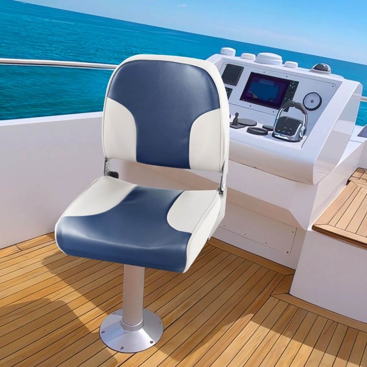2 Pieces Low Back Boat Seat Set with Sponge Padding and Aluminum Hinges-Blue